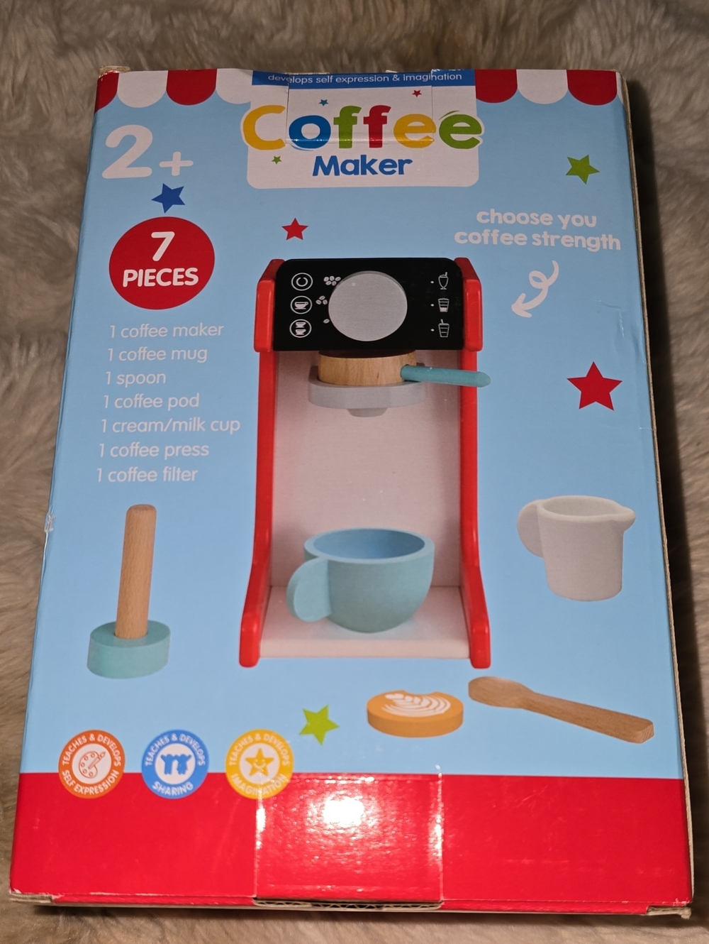 Wooden Kids Coffee Maker Toy - Red & Light Blue Pretend Play